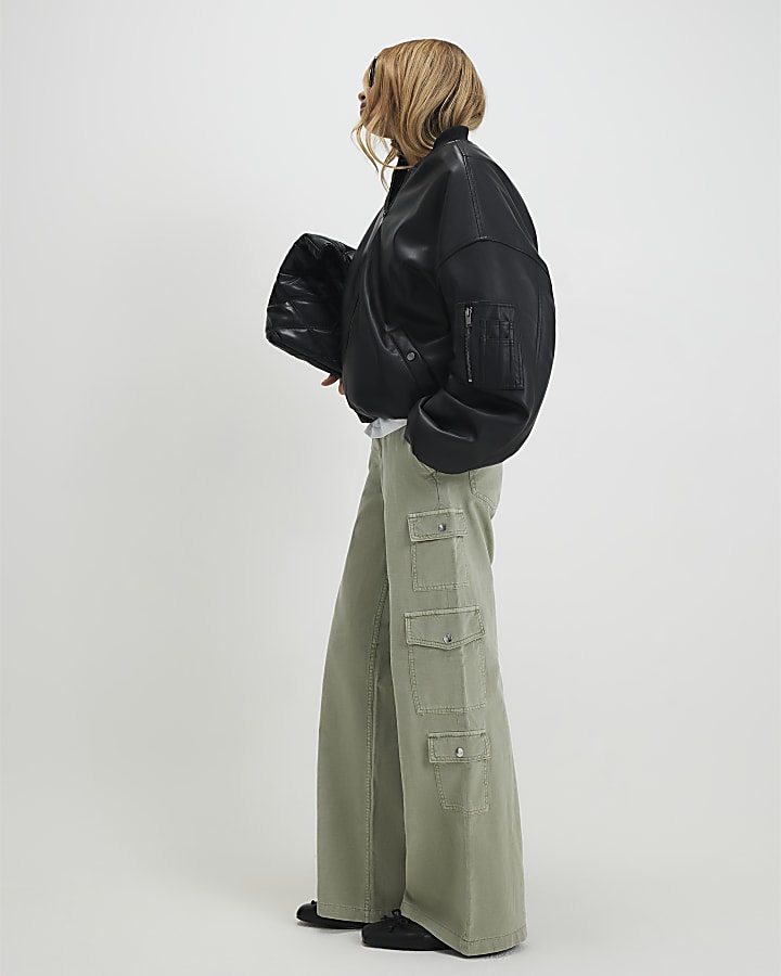 Green Denim Straight Leg Cargo Trousers