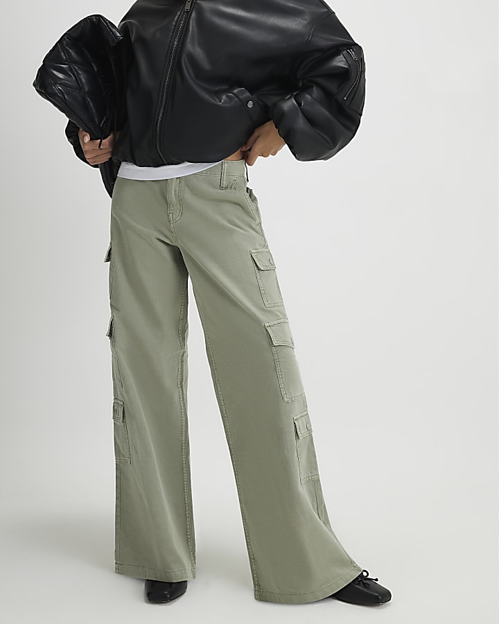 Green Denim Straight Leg Cargo Trousers
