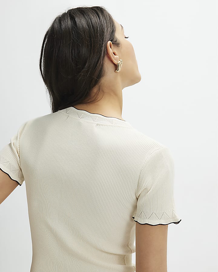Cream Knitted Frill Trim Ribbed Top