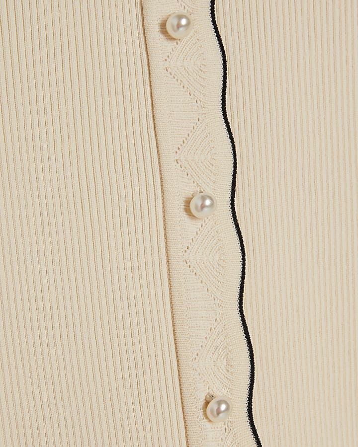 Cream Knitted Frill Trim Ribbed Top