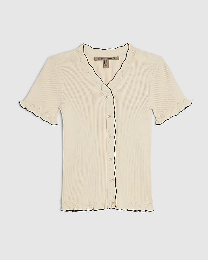 Cream Knitted Frill Trim Ribbed Top