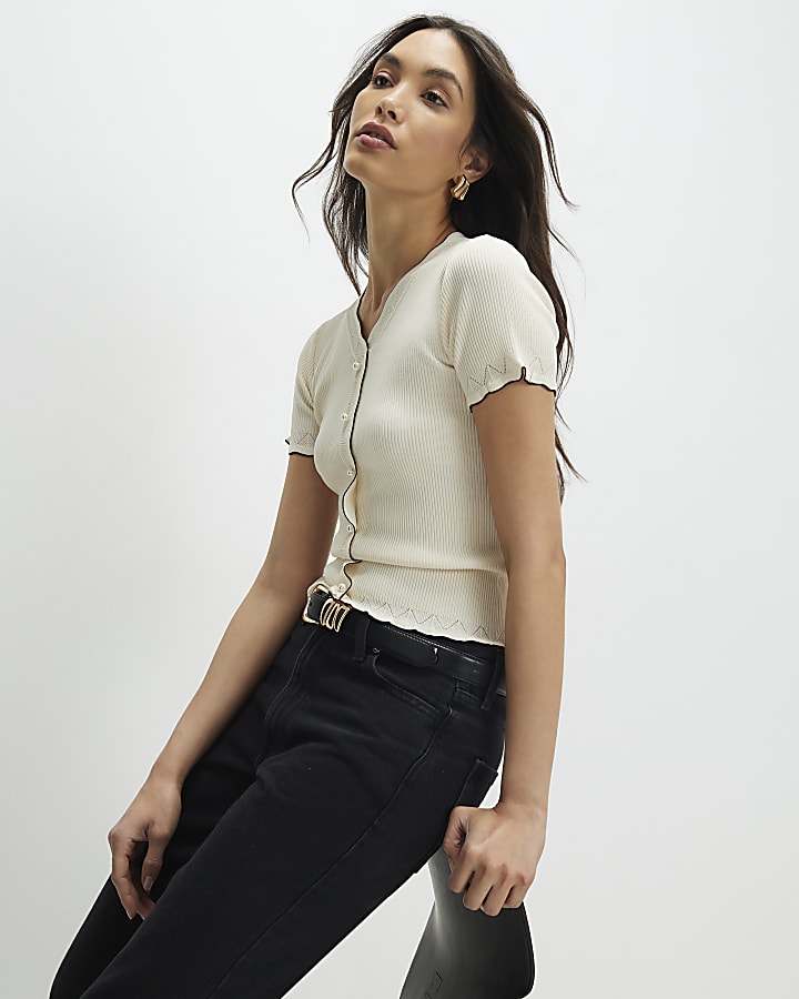 Cream Knitted Frill Trim Ribbed Top