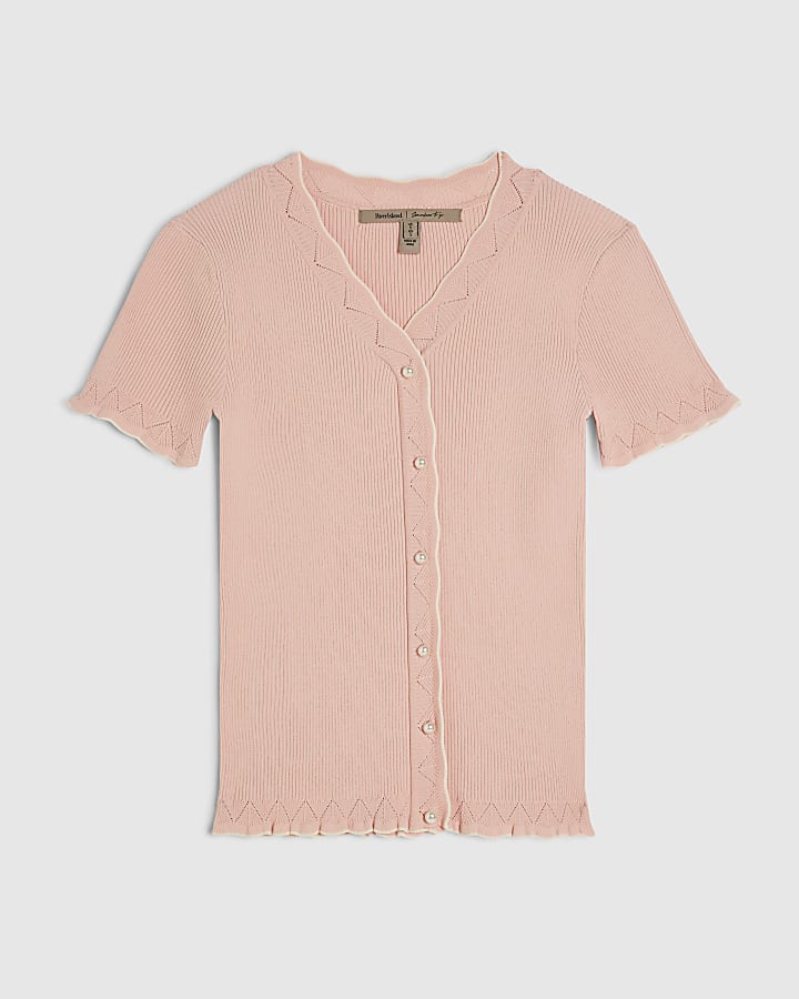 Pink Frill Trim Ribbed Knitted Top