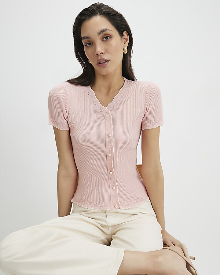 Pink Frill Trim Ribbed Knitted Top