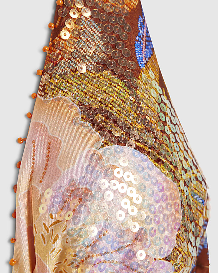 Brown Embellished Orchid Bikini Top