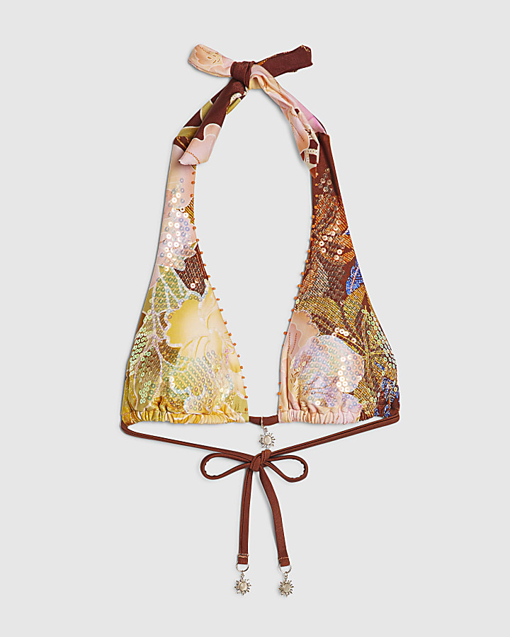 Brown Embellished Orchid Bikini Top