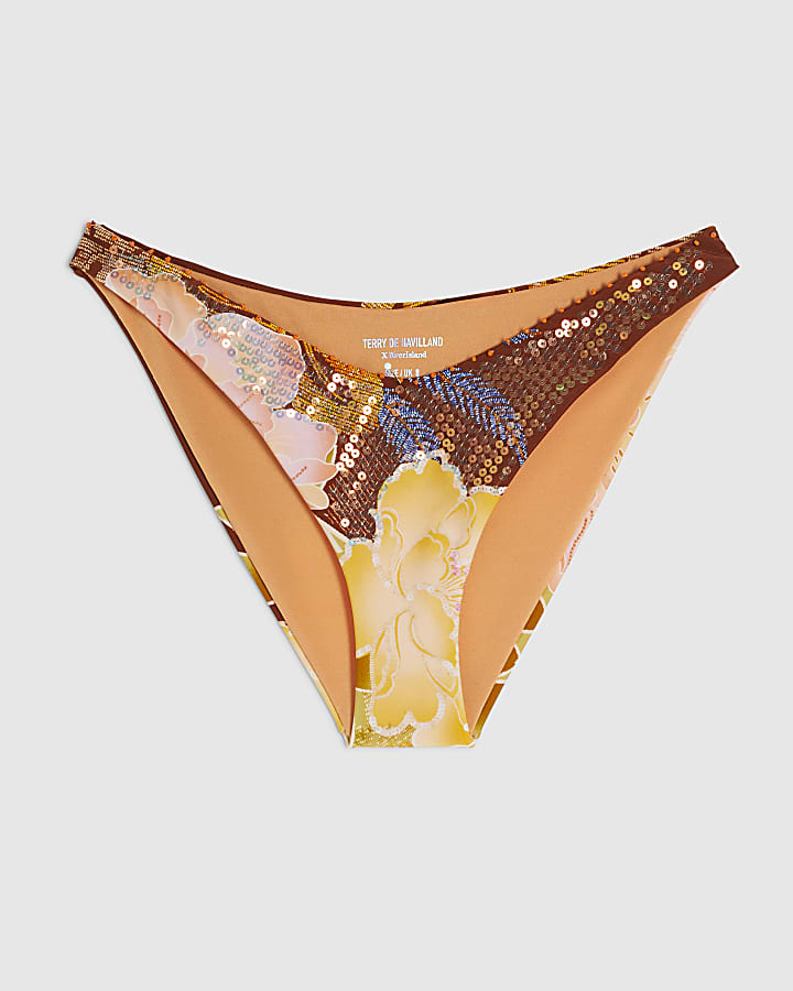Brown Embellished Orchid Print Bikini Bottoms