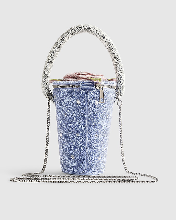 Blue Beaded Flower Pot Clutch Bag