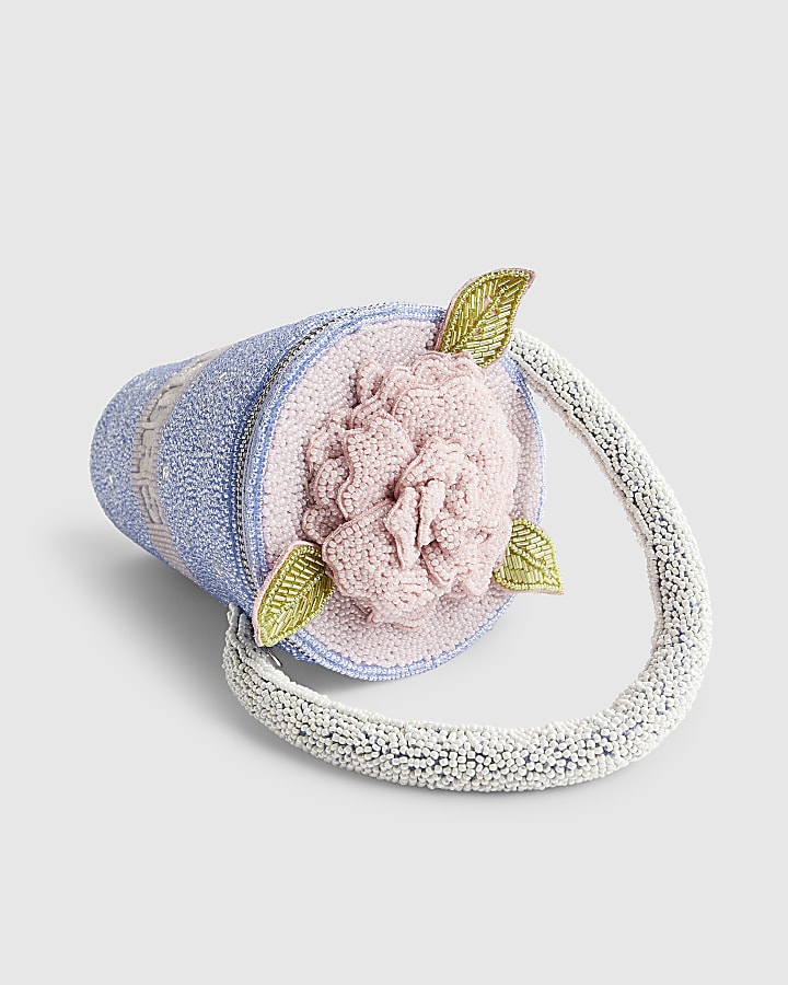 Blue Beaded Flower Pot Clutch Bag