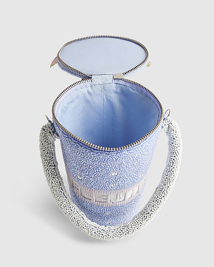 Blue Beaded Flower Pot Clutch Bag