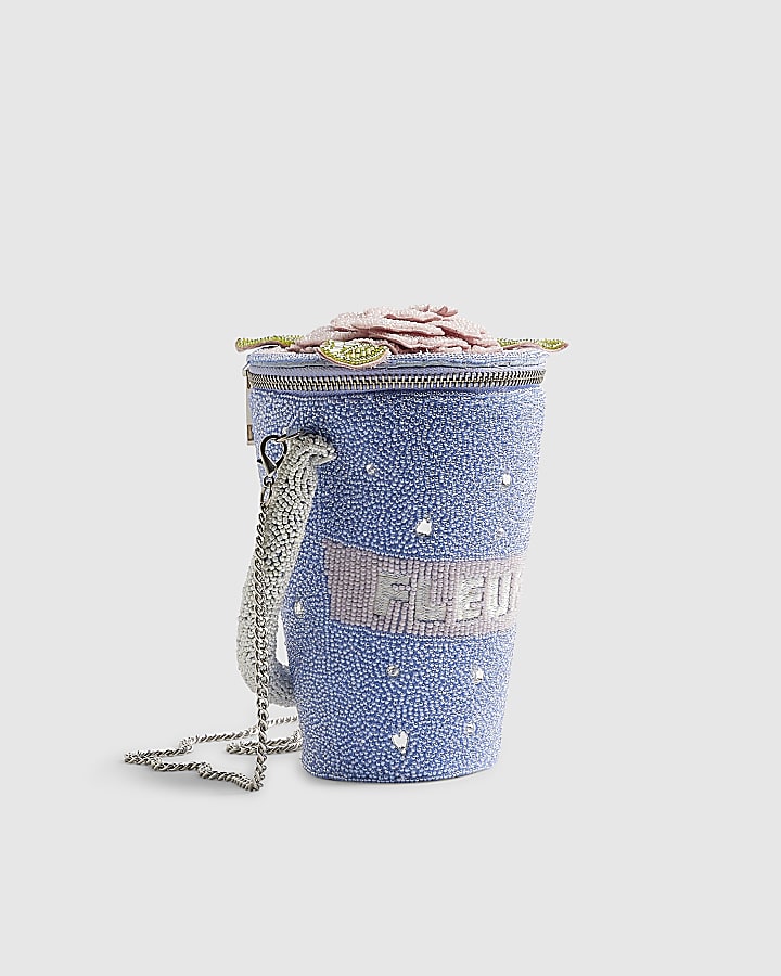 Blue Beaded Flower Pot Clutch Bag