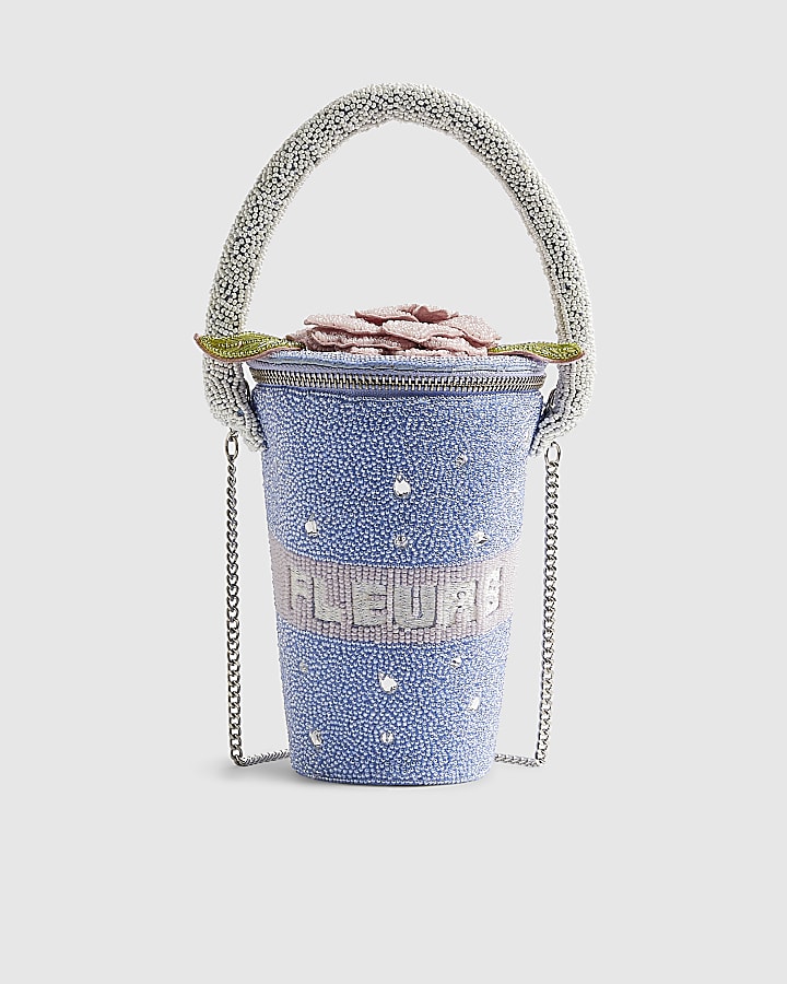 Blue Beaded Flower Pot Clutch Bag