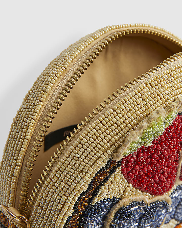 Beige Beaded Fruit Tart Crossbody Bag