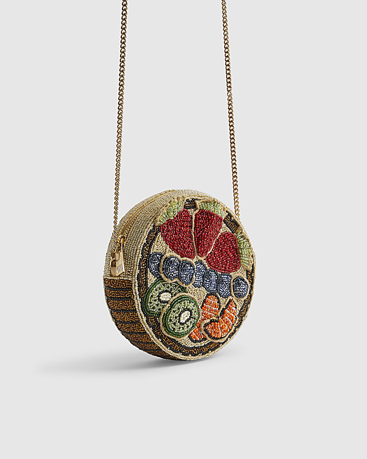 Beige Beaded Fruit Tart Crossbody Bag