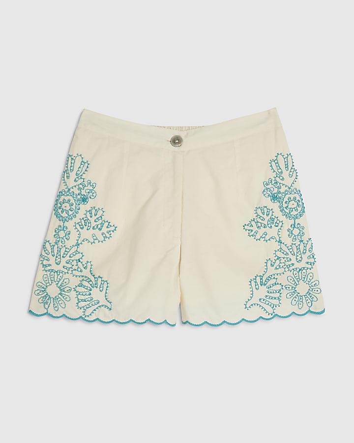 Cream Embroidered Shorts