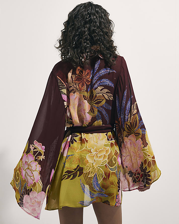 Brown Floral Oriental Kimono