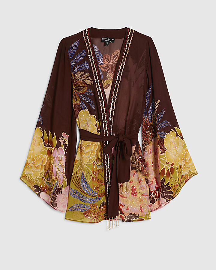 Brown Floral Oriental Kimono