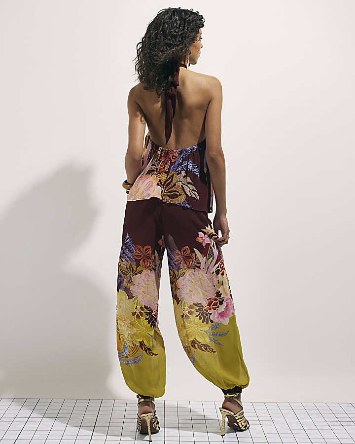 Brown Oriental Print Trousers