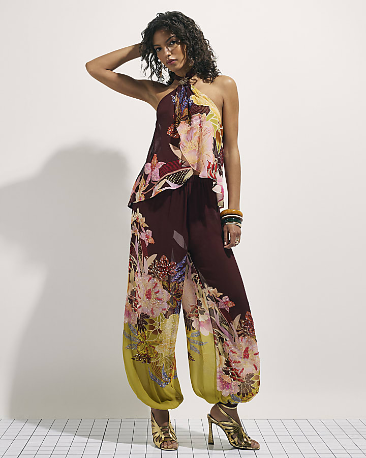 Brown Oriental Print Trousers