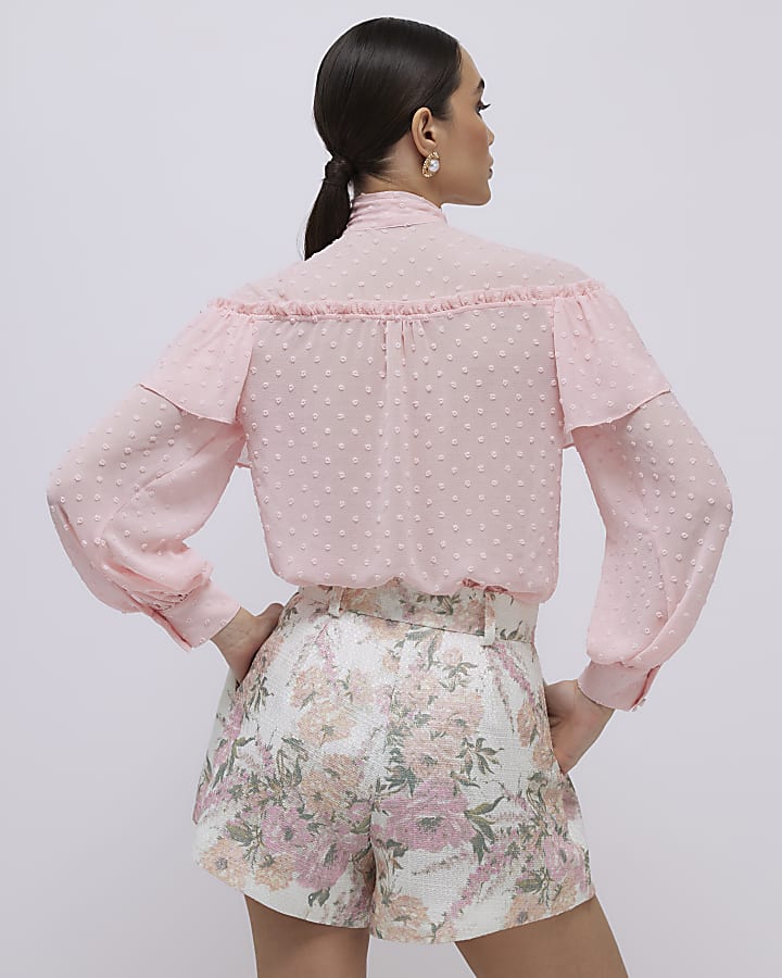 Pink Ruffle Tie Neck Blouse