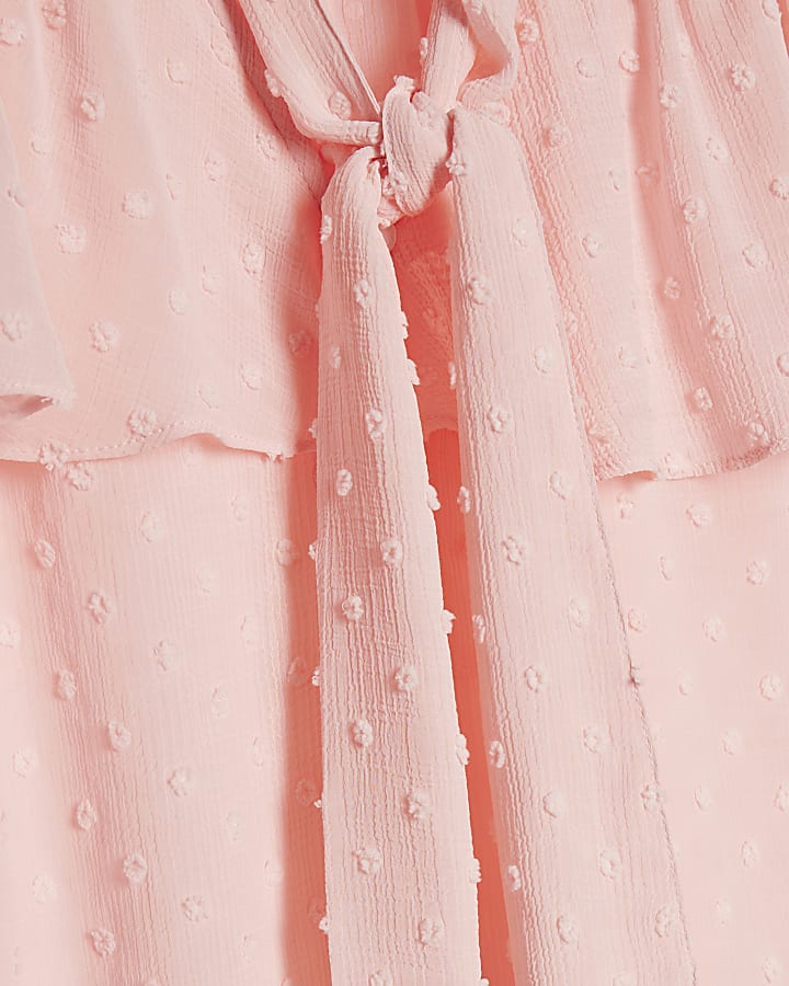 Pink Ruffle Tie Neck Blouse