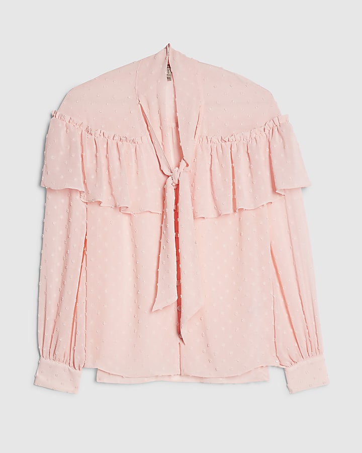 Pink Ruffle Tie Neck Blouse