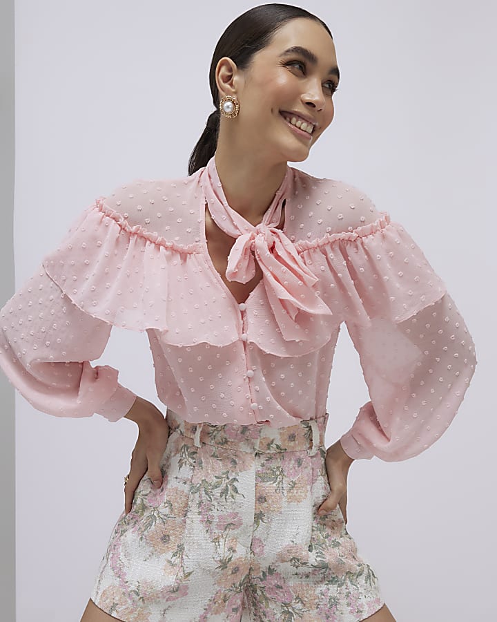 Pink Ruffle Tie Neck Blouse