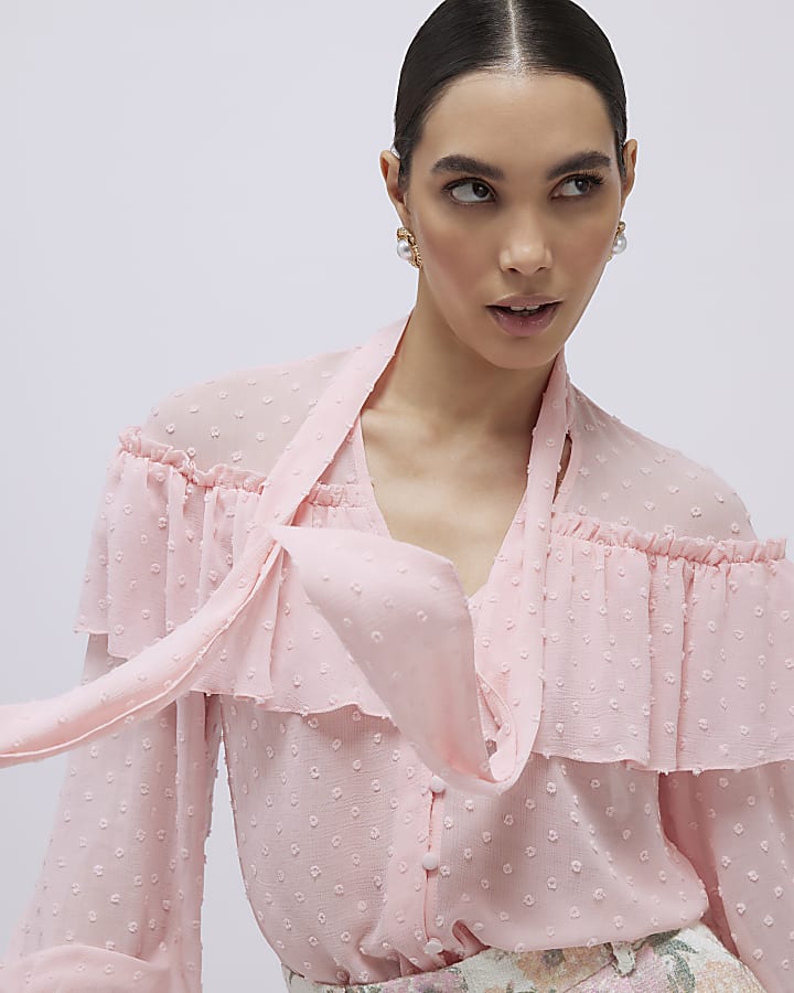 Pink Ruffle Tie Neck Blouse