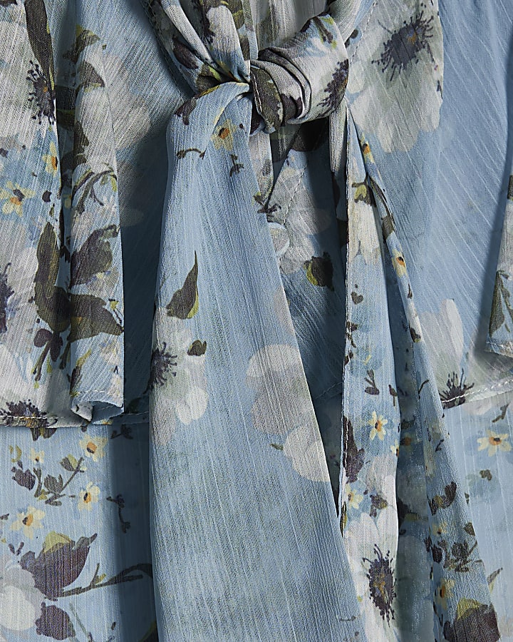 Blue Floral Ruffle Tie Neck Blouse