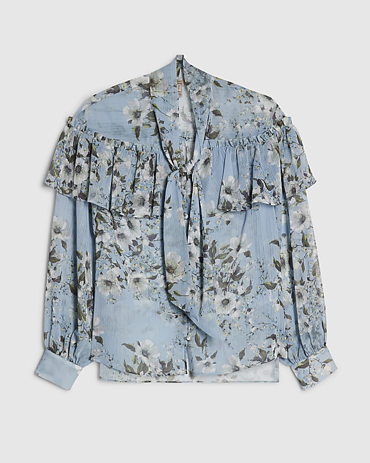 Blue Floral Ruffle Tie Neck Blouse