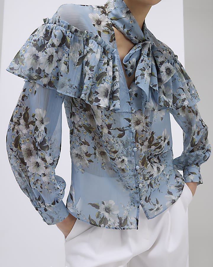 Blue Floral Ruffle Tie Neck Blouse