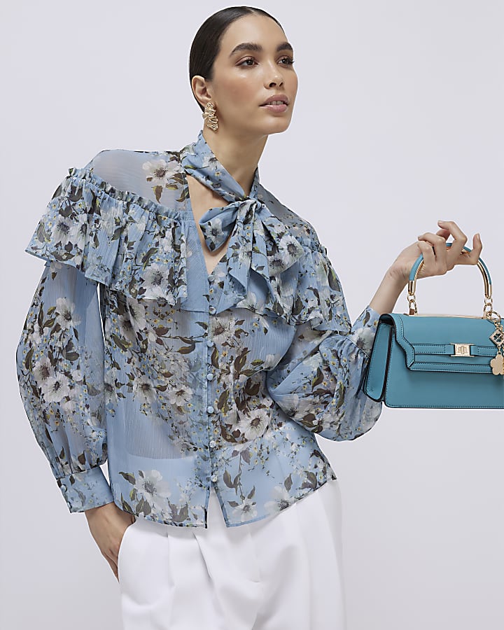 Blue Floral Ruffle Tie Neck Blouse