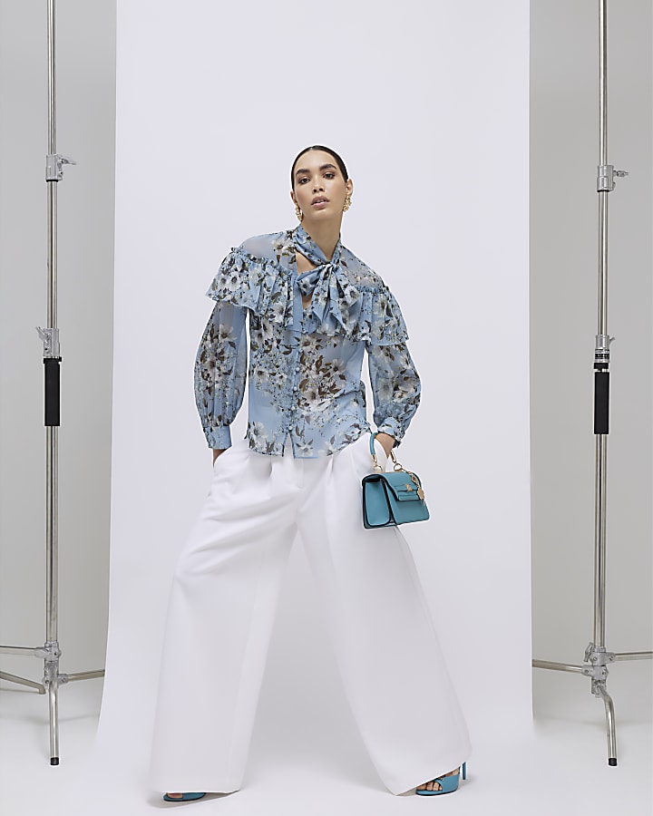 Blue Floral Ruffle Tie Neck Blouse