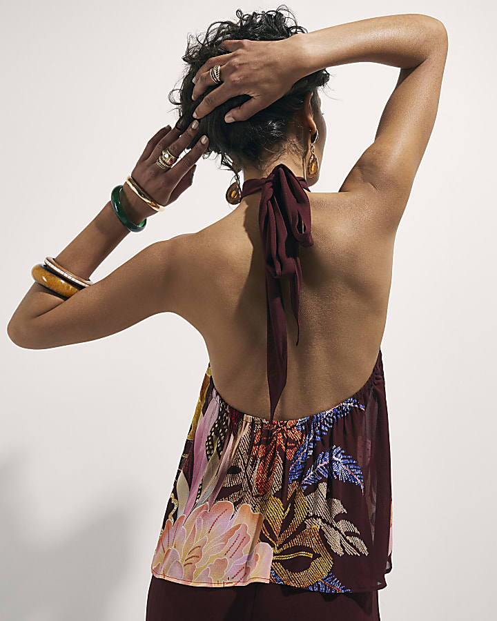 Brown Floral Oriental Halter Neck Top