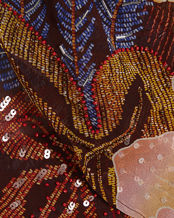 Brown Floral Oriental Halter Neck Top