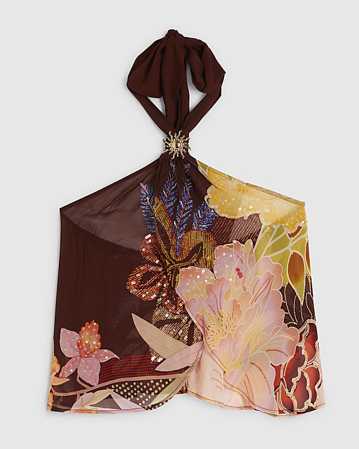 Brown Floral Oriental Halter Neck Top