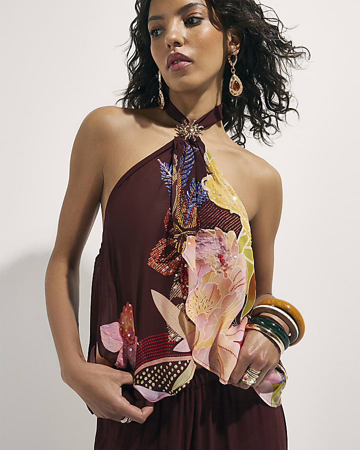 Brown Floral Oriental Halter Neck Top
