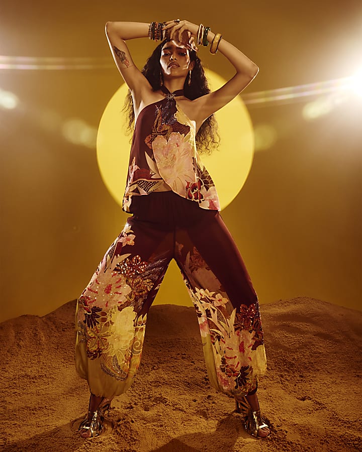 Brown Floral Oriental Halter Neck Top