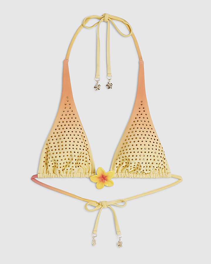 Orange Ombre Floral Embellished Bikini Top