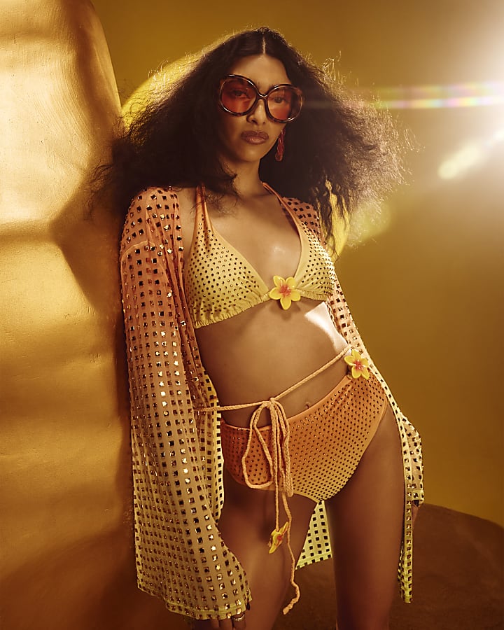 Orange Ombre Floral Embellished Bikini Top