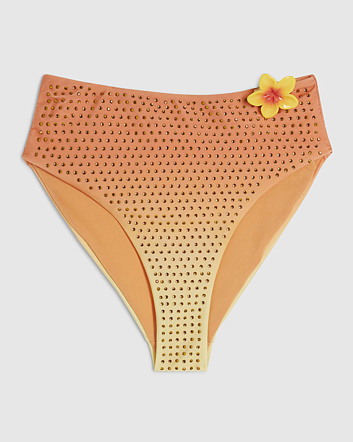 Orange Ombre Floral Embellished Bikini Bottom
