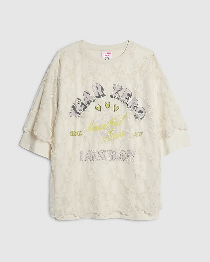 Cream Year Zero Lace Overlay T-Shirt