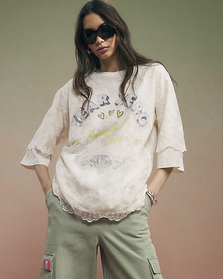 Cream Year Zero Lace Overlay T-Shirt