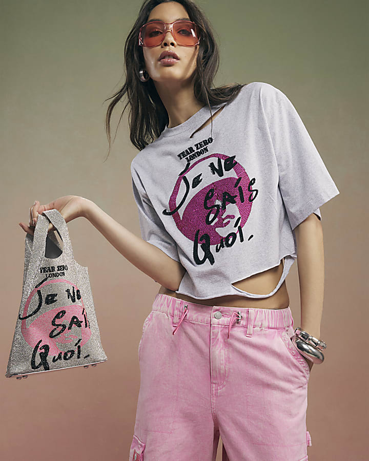 Grey Year Zero Embellished Crop T-Shirt