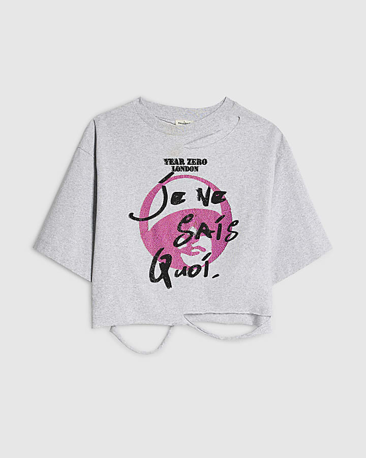 Grey Year Zero Embellished Crop T-Shirt