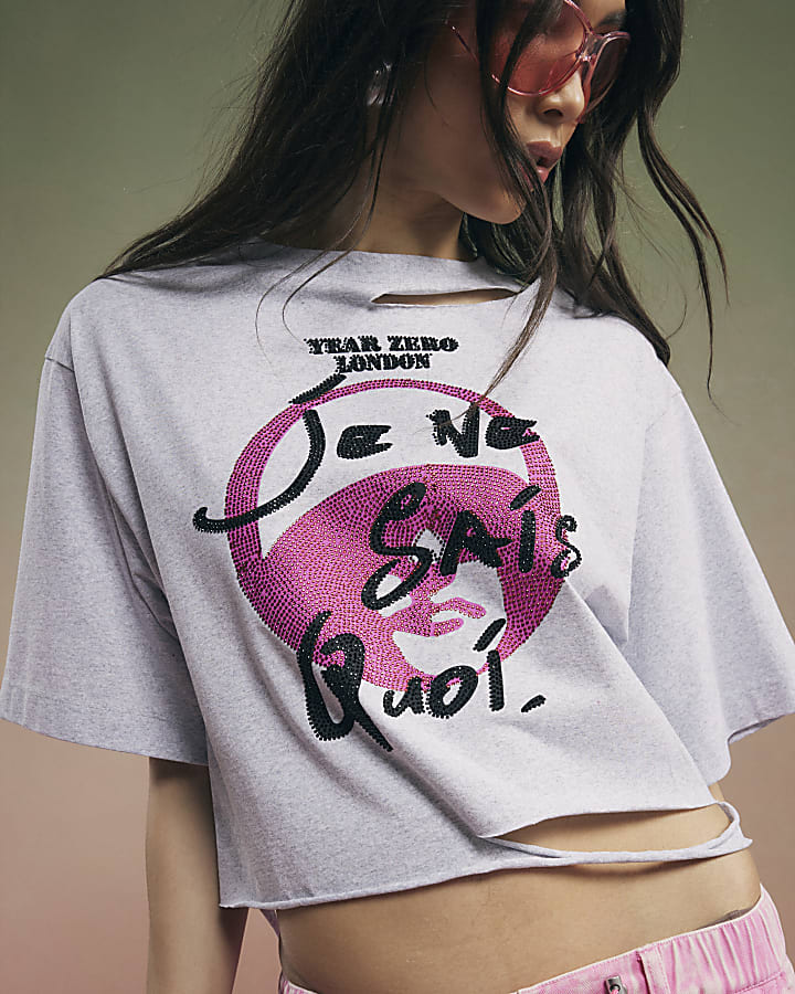 Grey Year Zero Embellished Crop T-Shirt