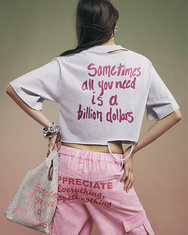 Grey Year Zero Embellished Crop T-Shirt