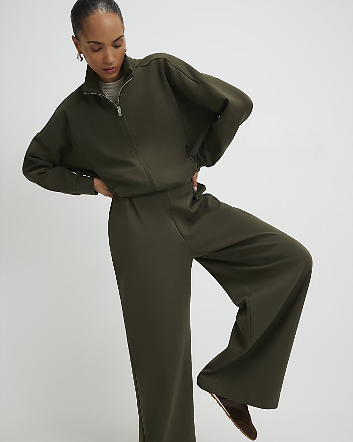 Khaki Tailored Wide Leg Trousers