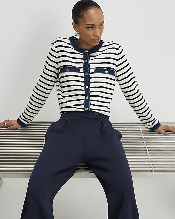 Navy Tailored Wide Leg Trousers