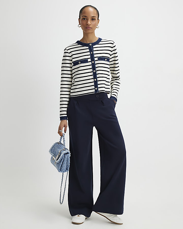 Navy Tailored Wide Leg Trousers